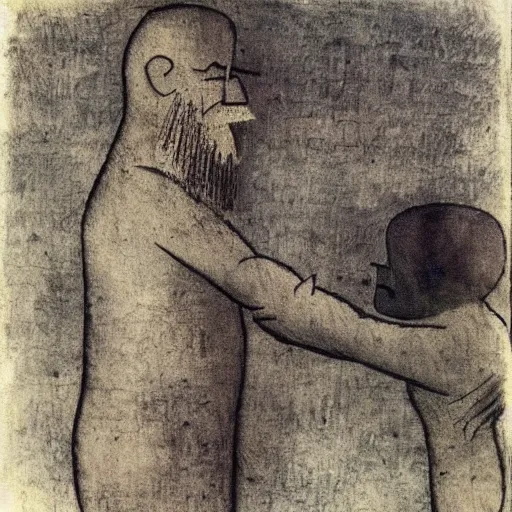 Image similar to paul klee painting of beard grandpa taking a photo to a baby girl