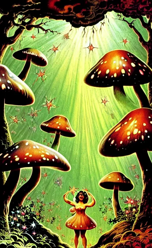 Image similar to stars in the sky fairies with detailed faces enchanted forest mushrooms on the ground psychedelic wide angle shot white background vector art illustration by frank frazetta