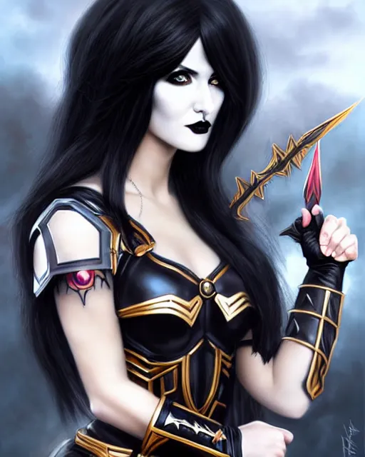 Prompt: portrait of beautiful goth girl cosplay with black hair in warhammer armor, white background, art by artgerm