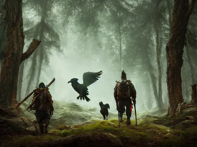 Prompt: Heroic Woodsmen treading forest with their Companion Raven, RPG Landscape, Oil Painting, Trending on Artstation, octane render, Insanely Detailed, 8k, HD