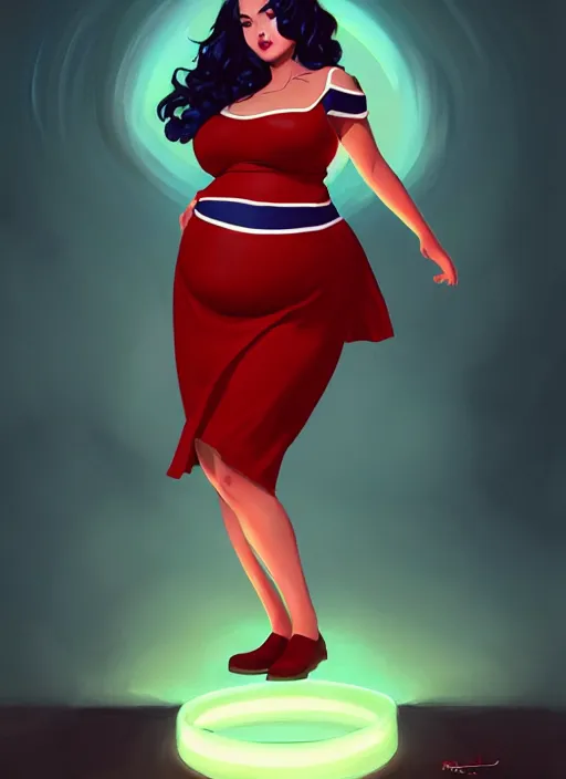 Image similar to full body portrait of teenage veronica lodge, obese, bangs, sultry, realistic, sultry smirk, wavy hair, red skirt, fat, belly, intricate, elegant, glowing lights, highly detailed, digital painting, artstation, concept art, smooth, sharp focus, illustration, art by wlop, mars ravelo and greg rutkowski