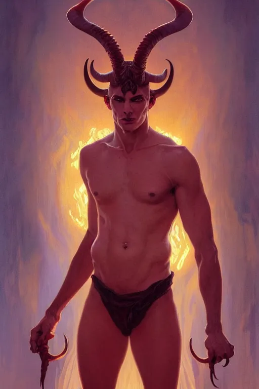 Prompt: portrait of a beautiful young fit male demon with ram horns, scaly skin, fiery scene, by greg rutkowski and alphonse mucha, d & d character, gradient red to yellow, in front of an hellish landscape background, highly detailed portrait, digital painting, artstation, concept art, smooth, sharp focus ilustration, artstation hq