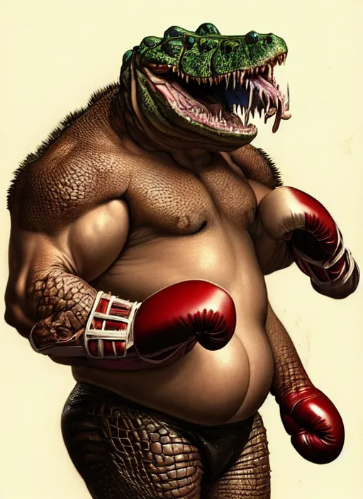 Image similar to portrait of aggressive humanoid crocodile wearing boxing gloves, d & d, muscular! fat! fantasy, intricate, elegant, highly detailed, digital painting, artstation, concept art, smooth, sharp focus, illustration, art by artgerm and greg rutkowski and alphonse mucha