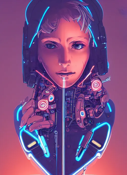 Image similar to portrait of a cyborg humanoid girl with mechanical and electronic element, denim jacket surrounded by neon light, illustrated by Artgerm and Michael Whelan and Laurie Greasley, highly detailed, trending on artstation