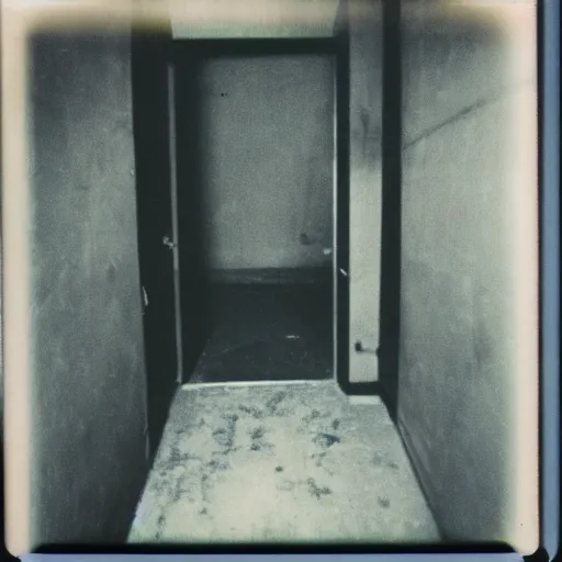 Image similar to dark concrete room with a tv on the ground inna dark doorway, creepy, eerie, old polaroid, expired film,