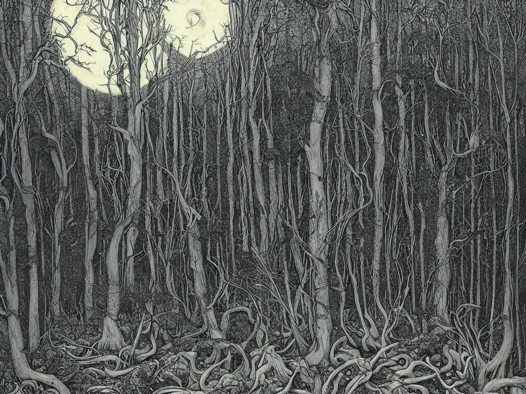 Image similar to dense forest, artstation, by aubrey beardsley, by caspar david friedrich, by laurie lipton, by kay nielsen, by ivan shishkin, calligraphy, divine, paradox, mycelium, gnarly trees, terrifying, witchcraft!, hope, moon, mountains in background