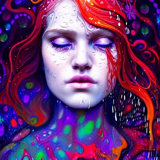 Image similar to face of girl in psychedelic LSD rain with wet hair and face, fantasy, intricate, elegant, dramatic lighting, intense emotion, highly detailed, lifelike, photorealistic, digital painting, artstation, concept art, smooth, sharp focus, illustration, art by John Collier and Albert Aublet and Krenz Cushart and Artem Demura and Alphonse Mucha