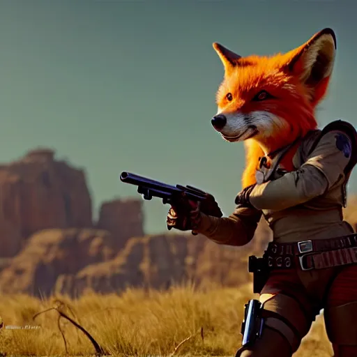 Prompt: movie still photo of cute anthropomorphic vulpes vulpes fulva as a female bounty hunter in wild west running and gunning, rugged clothes : by weta, greg rutkowski, wlop, ilya kuvshinov, rossdraws, artgerm, octane render, iridescent, bright morning, anime, liosh, mucha : :