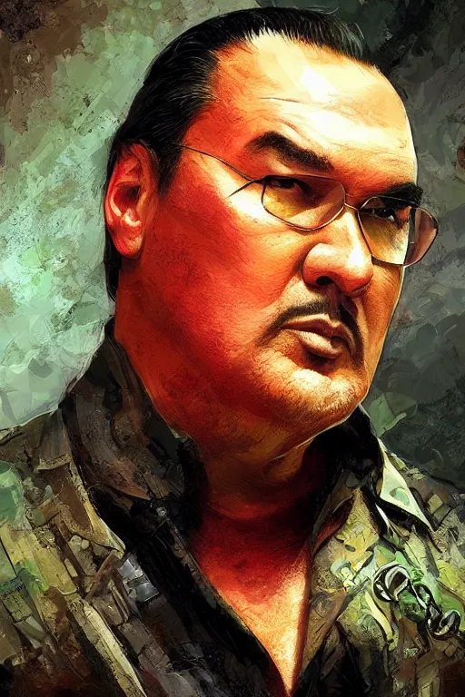Image similar to sad steven seagal full body portrait in handcuffs, intricate, highly detailed, digital painting, artstation, concept art, smooth, sharp focus, illustration, whimsical background by marc simonetti, artwork by liam wong, patriotic, handcuffs!!!!!!!!