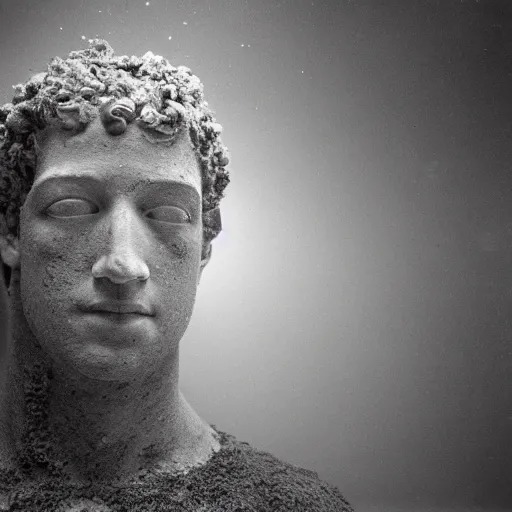 Prompt: Award-winning photograph by Paul Strand. The photo depicts a decaying roman bust of Mark Zuckerberg overgrown with moss at the bottom of the sea in the middle of ruins of civilization. Ruins. Minimalism, high definition, perfect composition. Deep sea picture. Very dark. Volumetric Lighting. Fish. Darkness. Ruins
