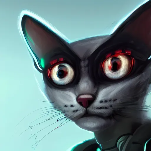 Prompt: cute furry anthropormorphic alien cat cyborg creature with big eyes, character concept detailed painting 4 k