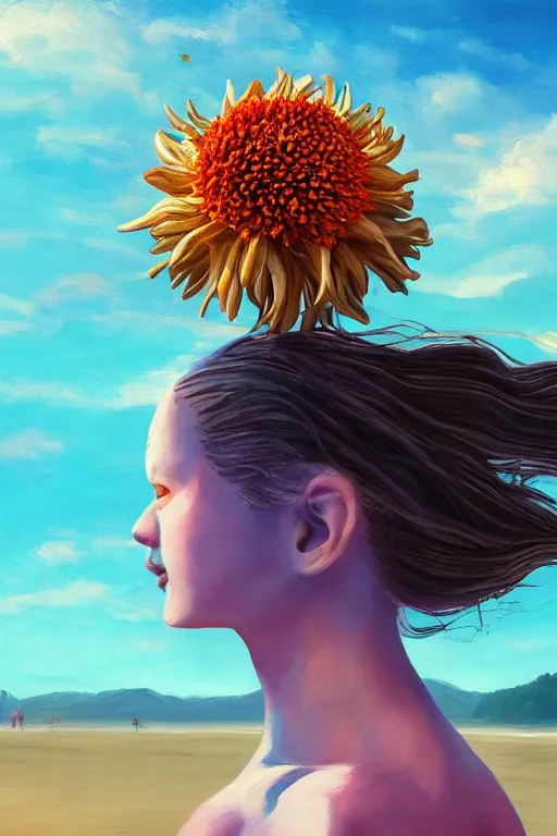 Image similar to closeup giant dahlia flower head, girl on beach, surreal photography, blue sky, sunrise, dramatic light, impressionist painting, digital painting, artstation, simon stalenhag