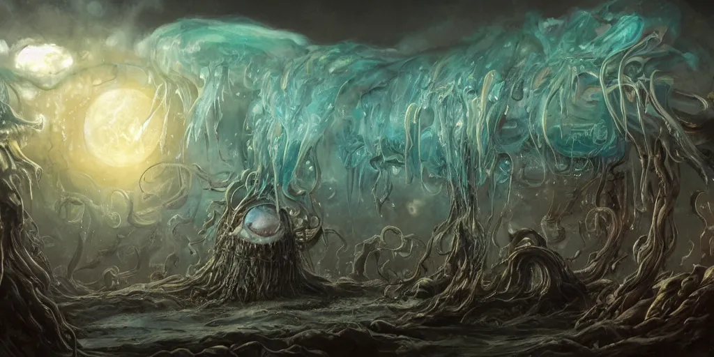 Image similar to concept art of giant translucent glowing jellyfishes, lovecraftian, lots of teeth, melting horror, round moon, rich clouds, fighting the horrors of the unknown, high resolution, very detailed, roaring, volumetric light, mist, grim, fine art, decaying, textured oil over canvas, epic fantasy art, very colorful, ornate, anato finnstark