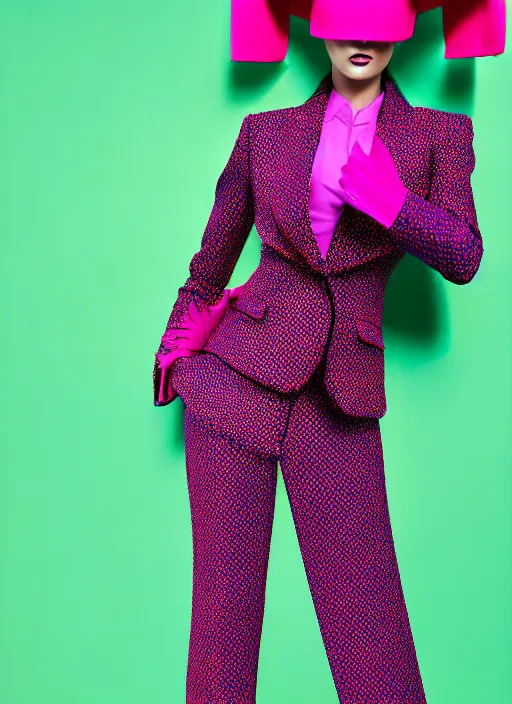 Image similar to trouser suit for a rave, bright colors, photo for a magazine, photo for a store, fashion photography, Vogue, 135 mm, cinematic, high detail, 8k, dynamic pose,Smooth skin, perfect face