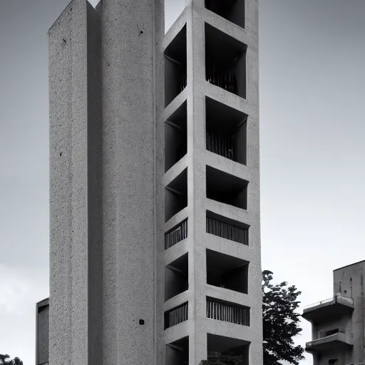 Image similar to a giant brutalist tower built in brutalist architecture, diverse unique building geometry full of shapes and corners, with a smaller base than the top of the tower, slowly growing in width as we get higher