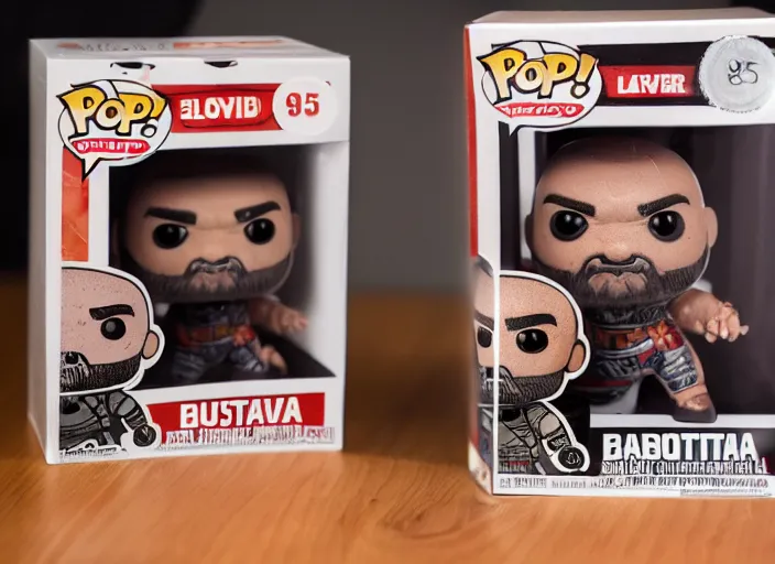 Prompt: product still of Dave Bautista funko pop with box, 85mm f1.8