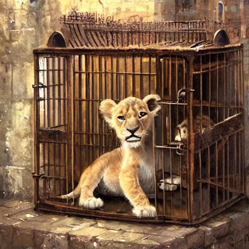 Image similar to inside of a medieval fantasy pet store, adorable lion cub in a cage, oil painting, by greg rutkowski