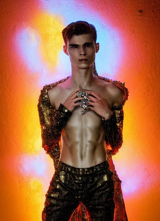 Image similar to photo of baroque and bladerunner delicate neon diamond sculpture of ceramic albino king adrien sahores seductive delicious lip licking, creamy orange iridescent humanoid deity wearing white fluffy hoody holding diamond skull in a black metallic dungeon, reclining, glowing rainbow face, crown of white diamonds, cinematic lighting, photorealistic, octane render 8 k depth of field 3 d