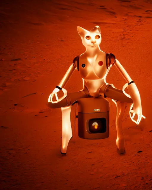 Image similar to high quality presentation noght photo of an illuminated cat-like female robot on mars, photography 4k, full body, f1.8 anamorphic, bokeh, 4k, Canon, Nikon
