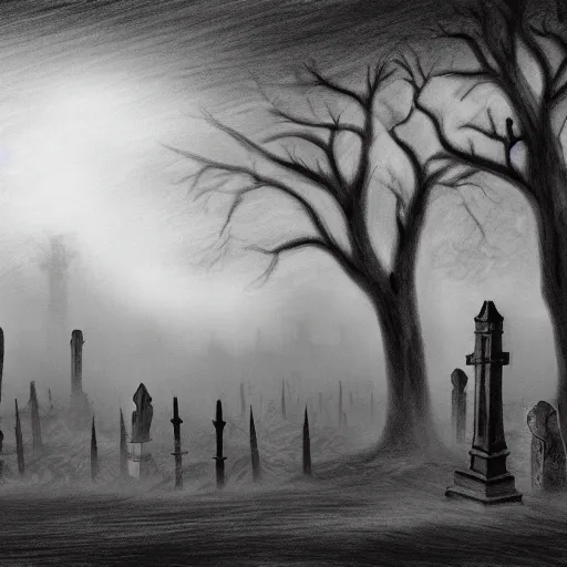 Prompt: an endless eerie graveyard with ancient tombstones, misty, strands of fog, catacomb in background, frame is flanked by dark trees, creepy, night, finely detailed black and white pencil drawing