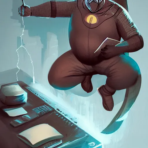 Image similar to a insanely detailed painting of a fat masked superhero wearing a costume sitting at a desk, staring at the nervously at the computer and clicking on the mouse, in the style of peter mohrbacher, dramatic lighting and composition, trending on artstation, concept art, comic book