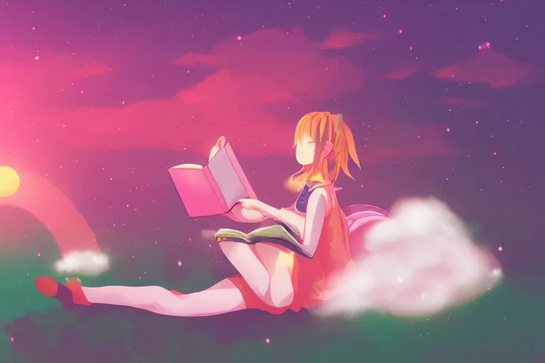 Image similar to a cute anime girl reading a book on a cloud relaxing by aoshima, chiho, misty, glows, digital art, hazy, foggy, ambient lighting, 8 k, neon, synthwave,