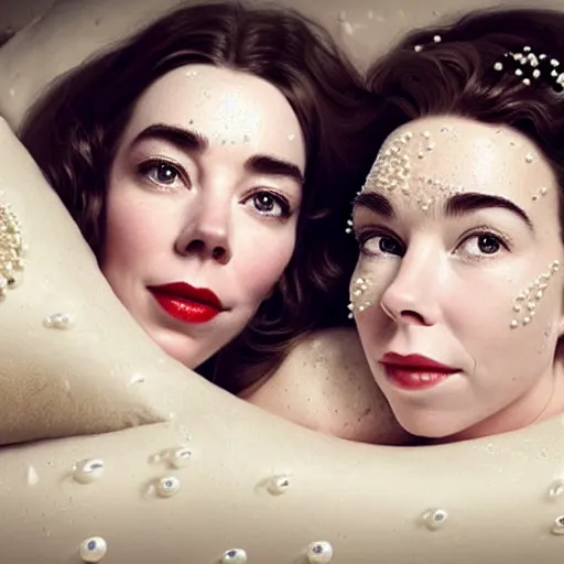 Prompt: stunning photo of dark - haired goddesses vanessa kirby and bjork smiling, laying back on a pillow, with melted white pearls all over their faces, a beautiful closeup, wet lips, perfect eyes, insanely detailed, elegant, by mucha, wlop, rutkowski, livia prima