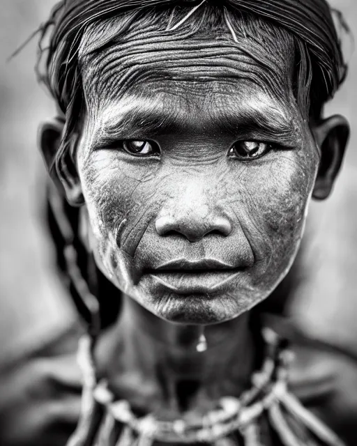 Image similar to Award winning Portrait photo of a Native Myanmarese with hyper-detailed hair and beautiful eyes wearing traditional garb by Lee Jeffries, 85mm ND 5, perfect lighting, gelatin silver process