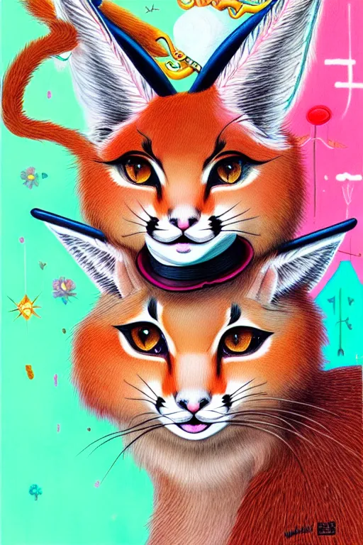 Image similar to cute fluffy caracal wearing cowboy hat, style of yoshii chie and hikari shimoda and martine johanna, highly detailed