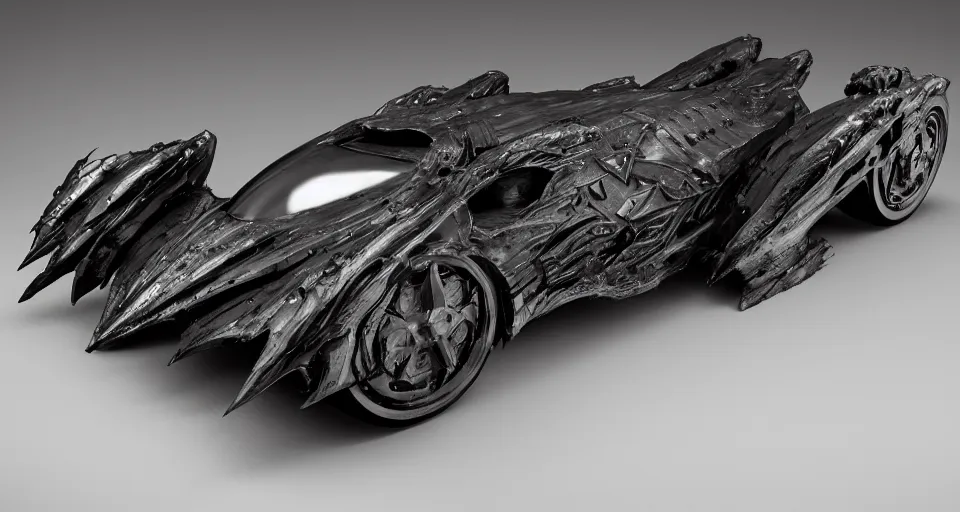 Image similar to The Batmobile Designed By Moebius Yasushi Nirasawa and HR Giger, full body action pose, hyperrealistic, octane render, HDR, volumetric lighting,