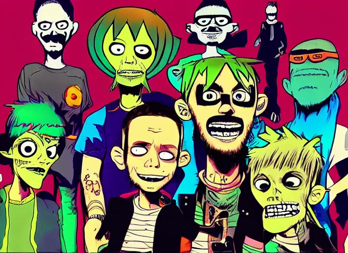 Image similar to linkin park drawn colorfully like the gorillaz by jamie hewlett