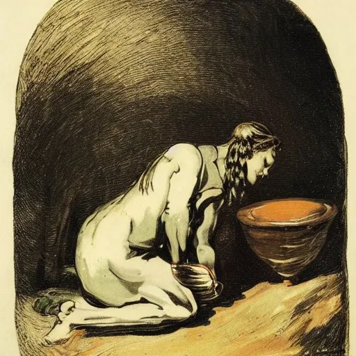 Image similar to A witch making potions in her cauldron. By Francisco de Goya.