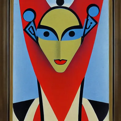 Prompt: An Art Deco Painting of A Robotic Woman, painted with colorful Acrylic Paint on Wood Panel, 1910s-1940s Minimalism, Metropolis