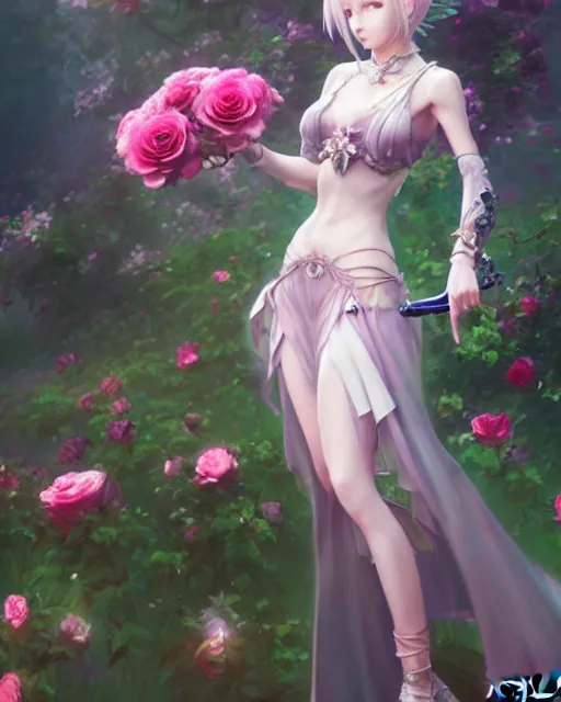 Prompt: an elegant lady surrounded by holographic swords in a garden full of roses, final fantasy, cushart krenz, cushart krenz, goddess, unreal engine, very detailed, realistic face, detailed face, matte, tonemapping, perfection, 4 k