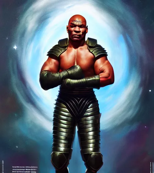 Image similar to a fantasy mike tyson wearing plate armor, 1 9 7 9 omni magazine cover, style by vincent di fate, artgerm, very coherent, detailed, 4 k resolution, dark, unreal engine, daz