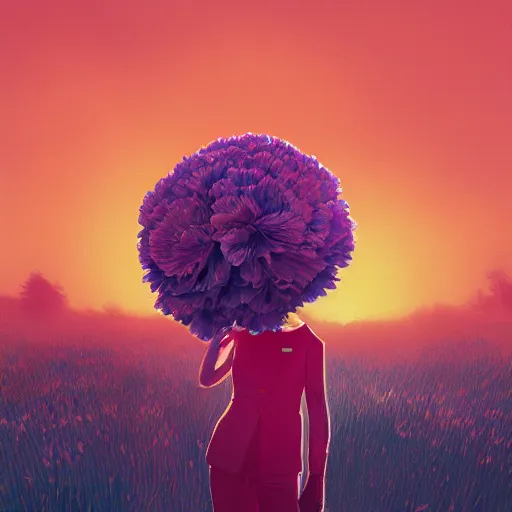 Image similar to giant carnation flower head, frontal, girl in a suit, surreal photography, sunrise, dramatic light, impressionist painting, digital painting, artstation, simon stalenhag