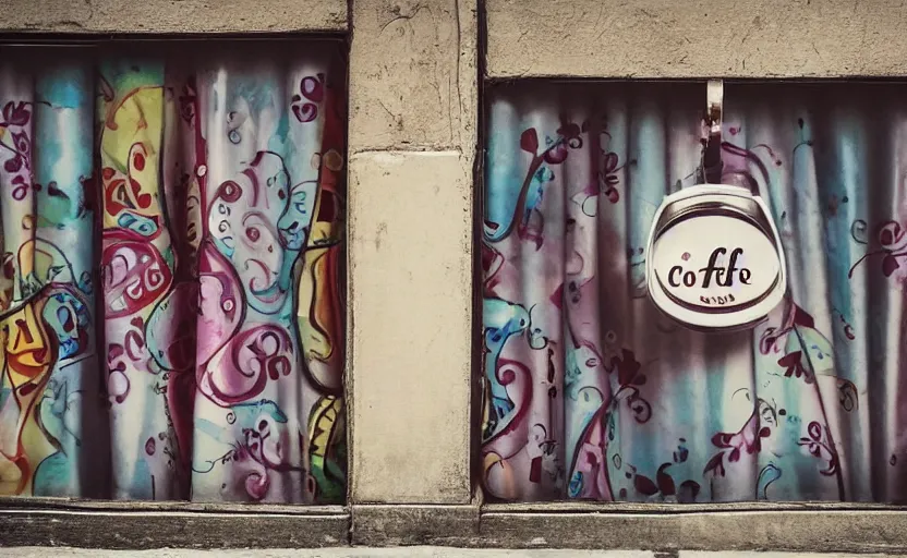 Prompt: a beautiful photo coffe cup painted on the metal curtain of a shop on the street