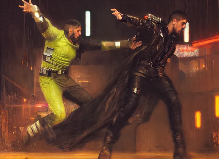 Prompt: blade runner fighting android ( blade runner 2 0 4 9, cyberpunk 2 0 7 7 character design ). orientalist portrait by john william waterhouse and james gurney and theodore ralli and nasreddine dinet, oil on canvas. cinematic, hyper realism, realistic proportions, dramatic lighting, high detail 4 k