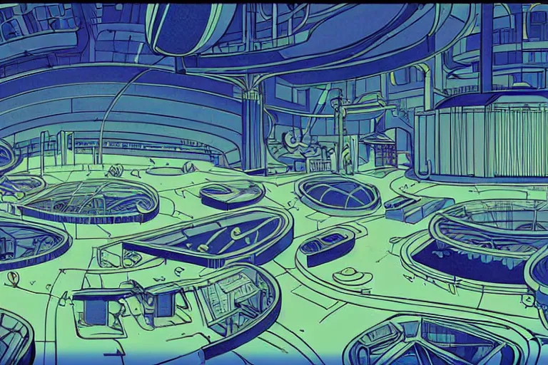 Image similar to a scifi illustration, factory interior. parallax birds eye view. vats of fluid. flat colors, limited palette in FANTASTIC PLANET La planète sauvage animation by René Laloux