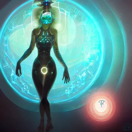Image similar to intricate holographic quantum ghostwave entanglement goth girl made of microcircuitry and transistors in a glowing deap sea by peter mohrbacher and nekro, trending on artstation, cgsociety 4 k