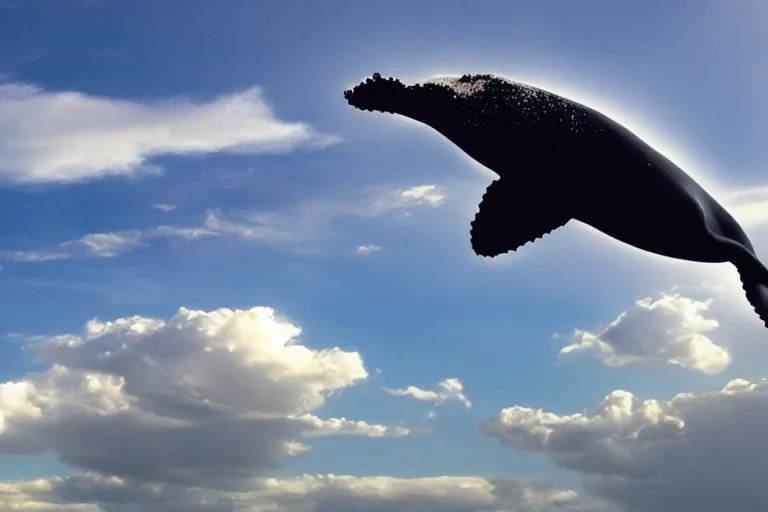 Prompt: a Whale flying in the sky, clouds