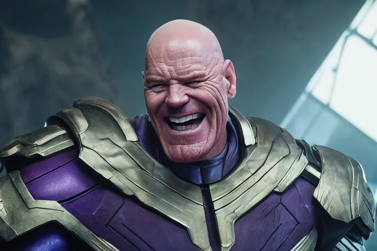 Image similar to promotional image of bald Bryan Cranston as Thanos in Avengers: Endgame (2019), purple skin color, dynamic action shot, laughing, movie still frame, promotional image, imax 70 mm footage