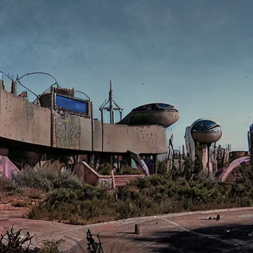 Image similar to post - apocalyptic epcot center, wasteland, barren, monorail, abandoned, walt disney world, highly detailed, intricate, 8 k