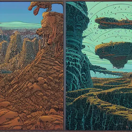 Image similar to an epic horrifying fantastic hyperdetailed matte painting beautiful retro sci fi landscape, by moebius by geoff darrow by dan mumford