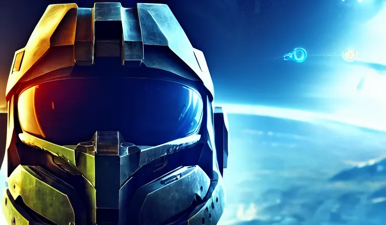 Image similar to cyberpunk halo helmet on space, planet behind, close shot, reflection, epic, dramatic, cinematic, award winning, ultra detailed, realistic, 8k,