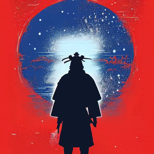 Prompt: a painting of a samurai silhouette in the snow, poster art by otomo katsuhiro and by petros afshar, cgsociety, nuclear art, reimagined by industrial light and magic, official art, poster art