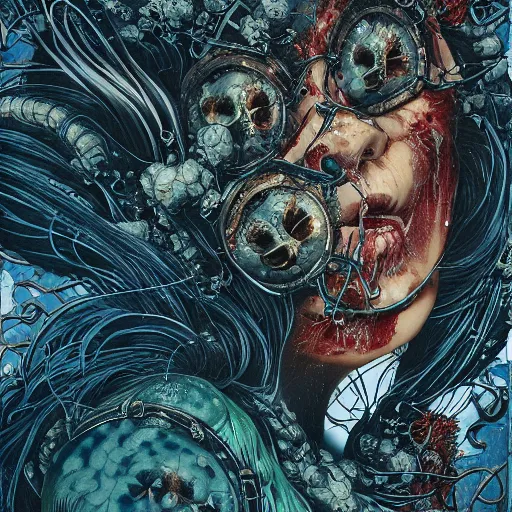 Image similar to closeup of face melting in agony, inside a frame on a tiled wall, frontal picture, by yoichi hatakenaka, masamune shirow, josan gonzales and dan mumford, ayami kojima, takato yamamoto, karol bak