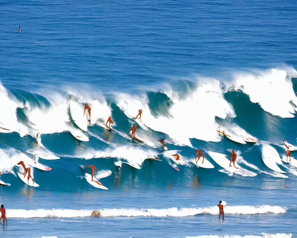 Image similar to worshippers in white robes belonging to the cult of the surfers, surfing in waves, standing on surfboards, surfing in the face of a tsunami, high detailed colors, bright deep blue