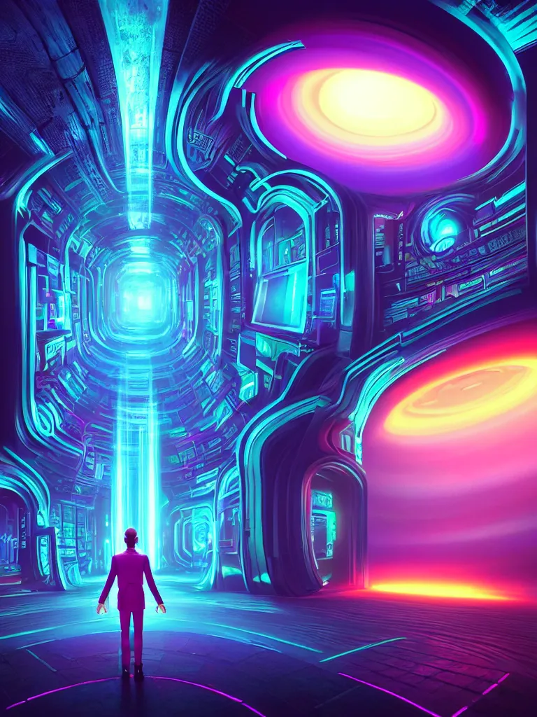 Prompt: entrance to mainframe ethereal realm, ai sentient, octane render, central composition, symmetrical composition, dreamy colorful cyberpunk colors, 6 point perspective, fantasy landscape with anthropomorphic terrain in the styles of igor morski, jim warren and rob gonsalves, intricate, hyperrealistic, volumetric lighting, neon ambiance, distinct horizon