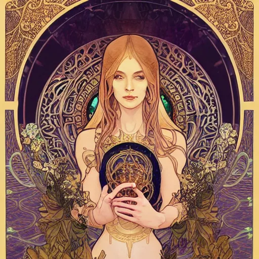 Image similar to god, highly detailed, very intricate, art nouveau, gold filigree, award winning, tarot concept art watercolor illustration by mandy jurgens and alphonse mucha and alena aenami, featured on artstation